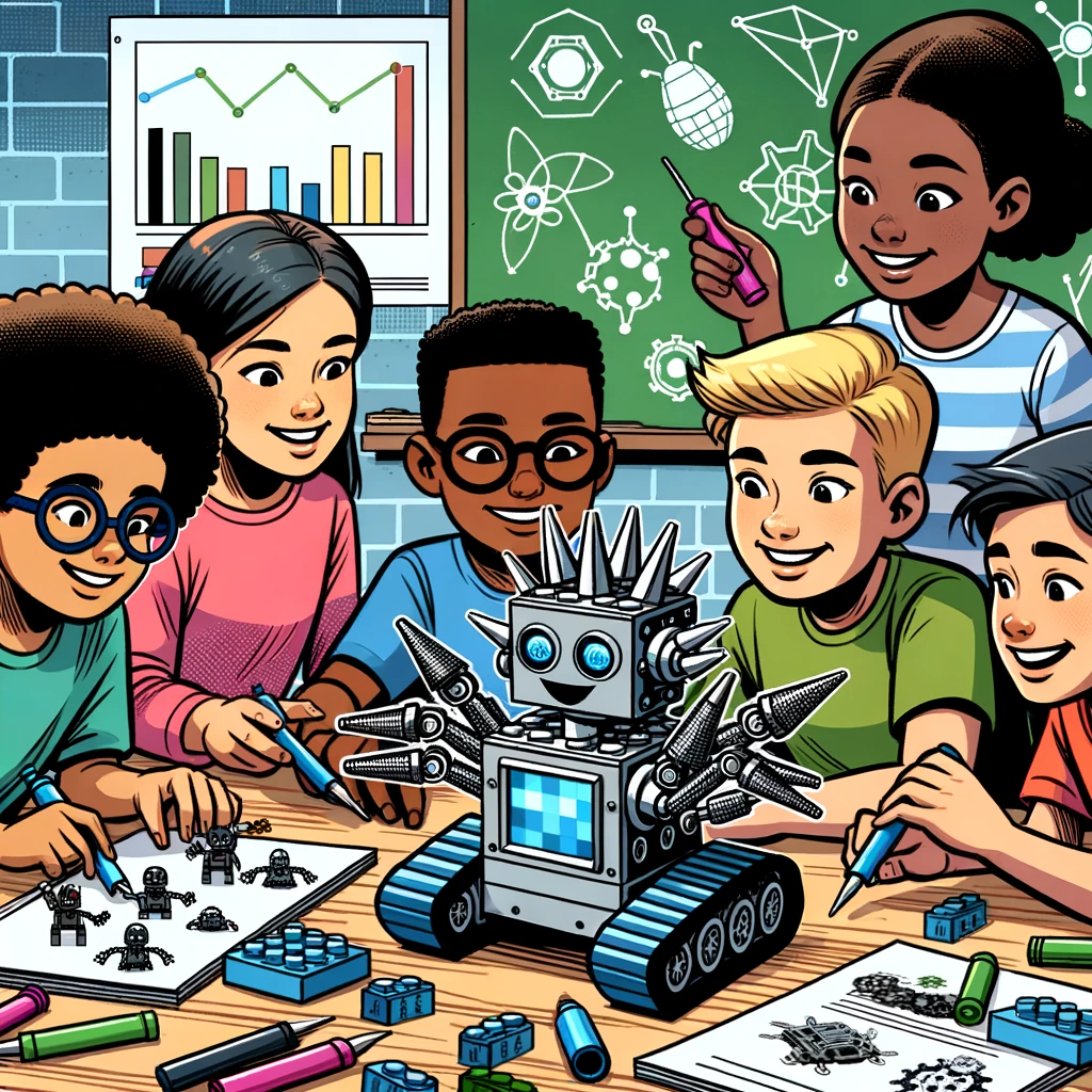 DALL–E-2023-10-27-17-33-06-Comic-style-illustration-of-a-group-of-diverse-kids-assembling-and-programming-a-Lego-Spike-robot-on-a-classroom-table.png