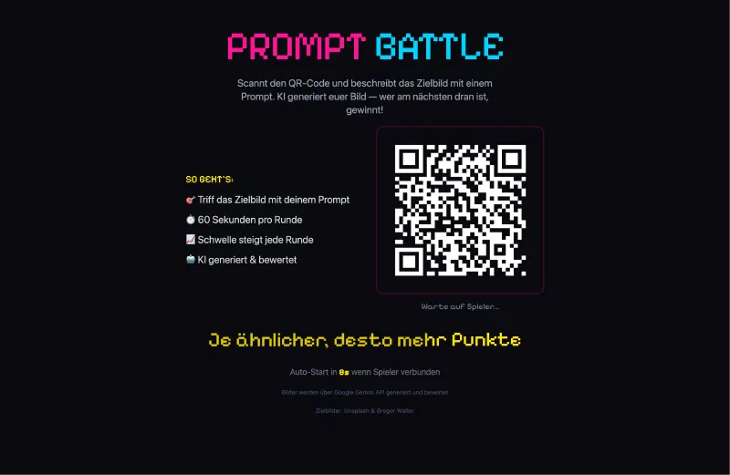 Startbildschirm mit QR-Code zum Mitspielen
