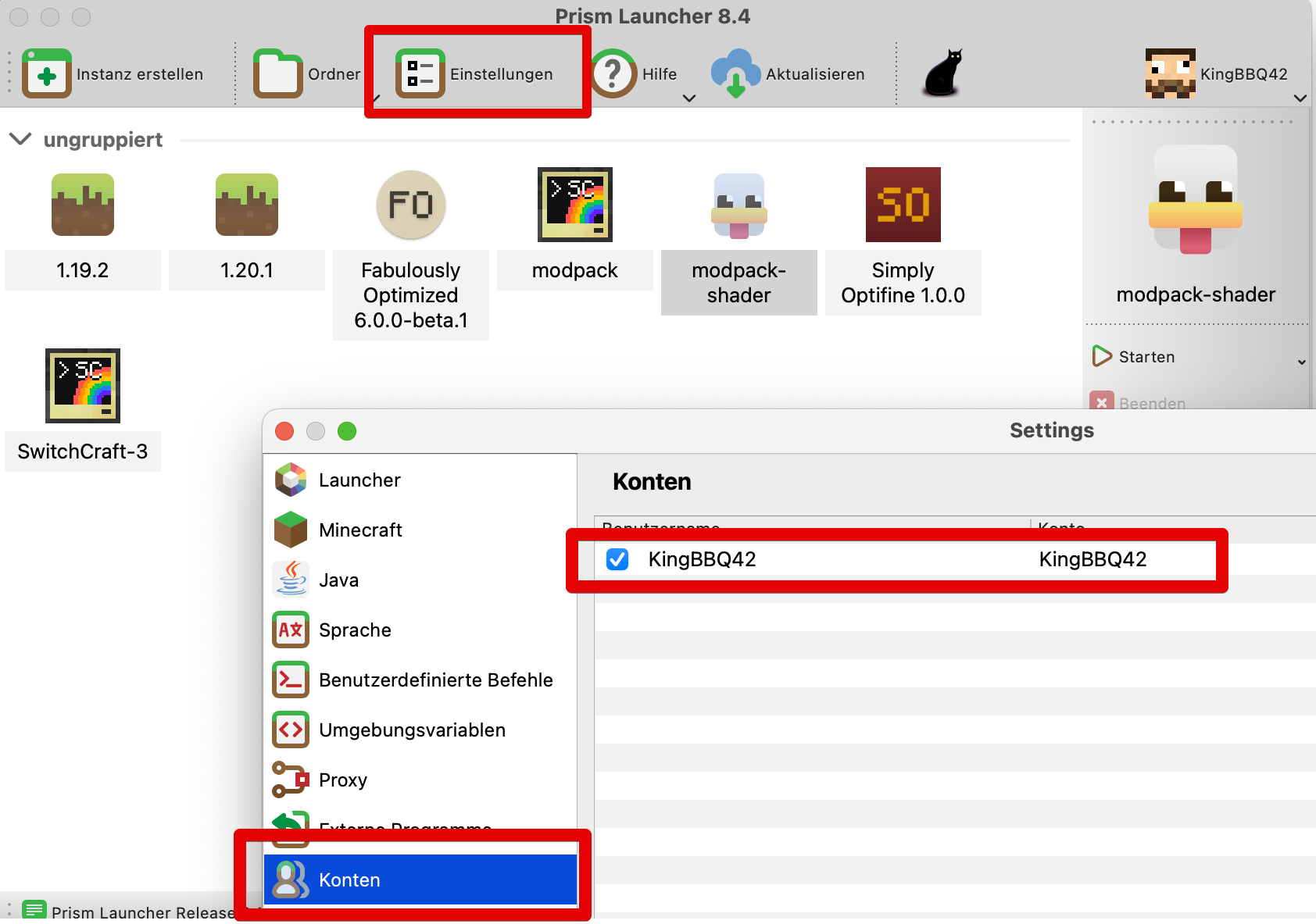 Unter Einstellungen den Minecraft-Account hinzufügen