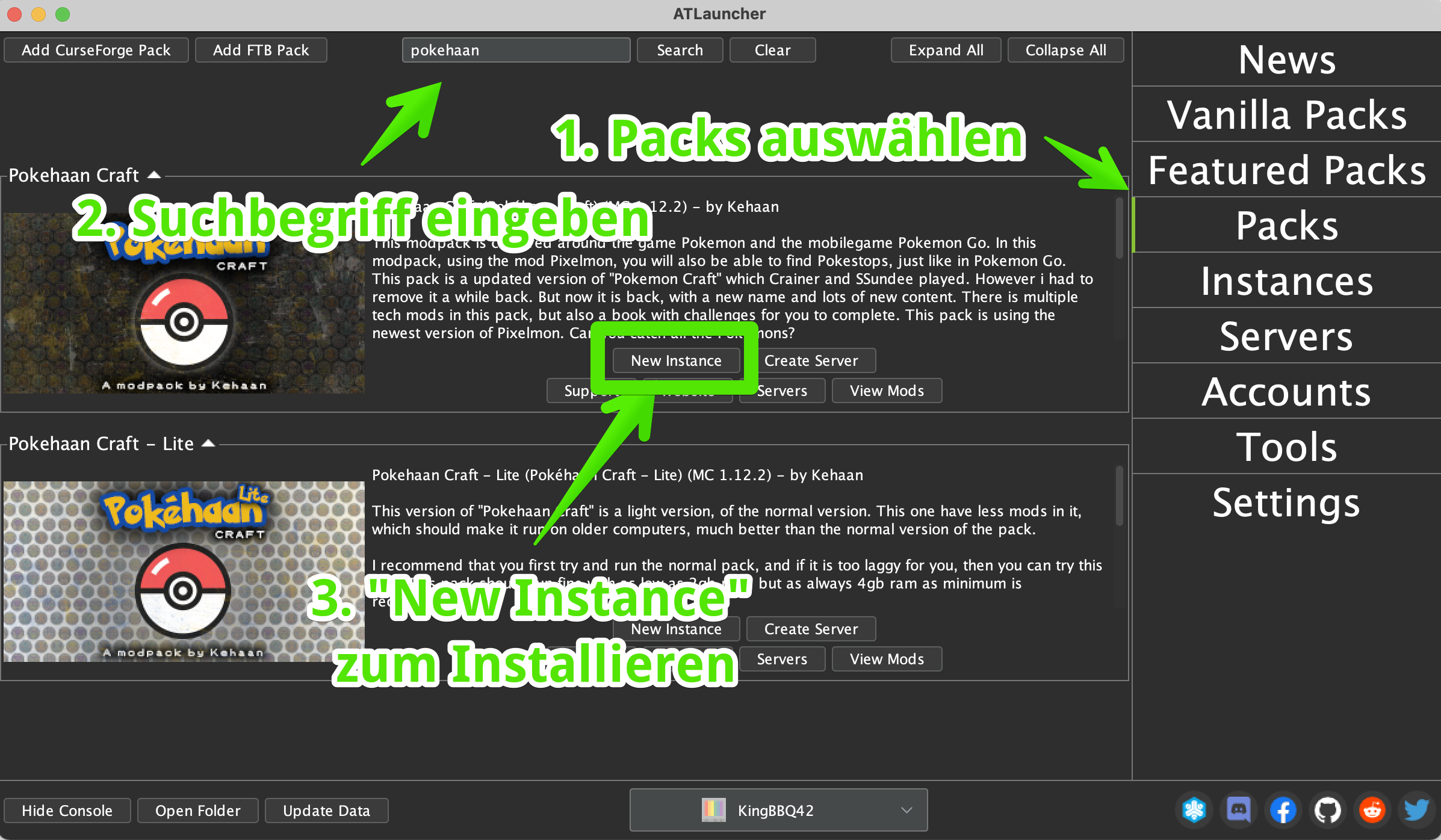 AtLauncher Modpacks installieren
