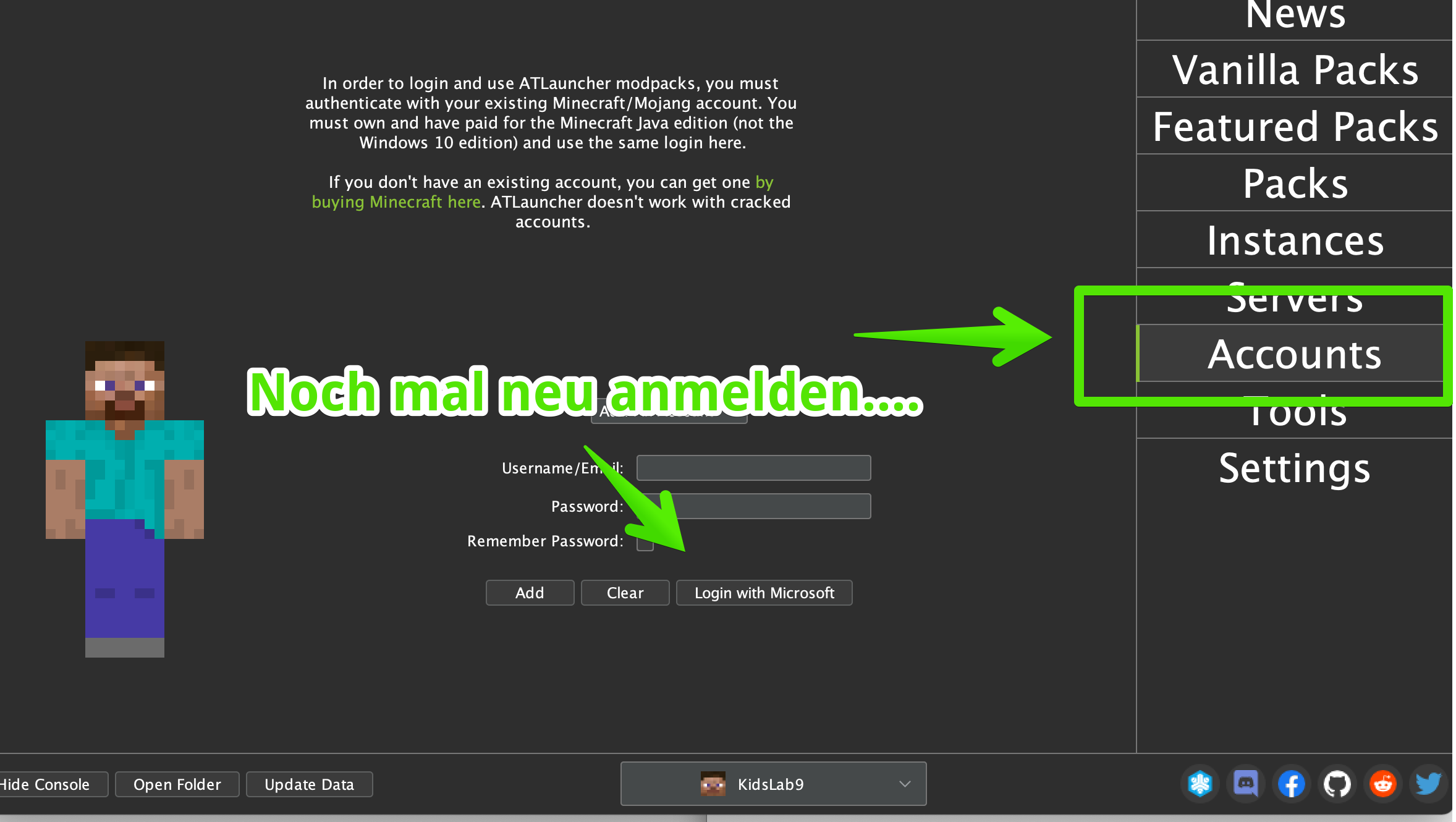 Neu-Anmeldung im ATLauncher