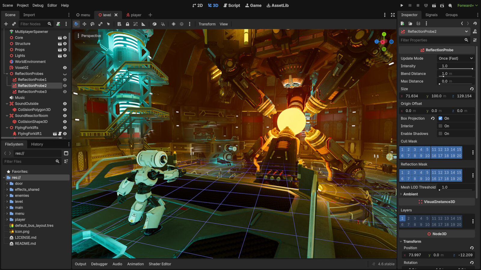 Der Godot-Editor mit einer 3D-Spielszene